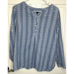 Talbots Women's Boho Floral Embroidered Woven Henley Top Sz LP Fisherman Marine